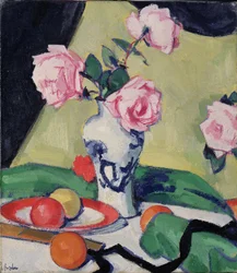 Stilleben med japansk kruka och rosor, omkring 1919